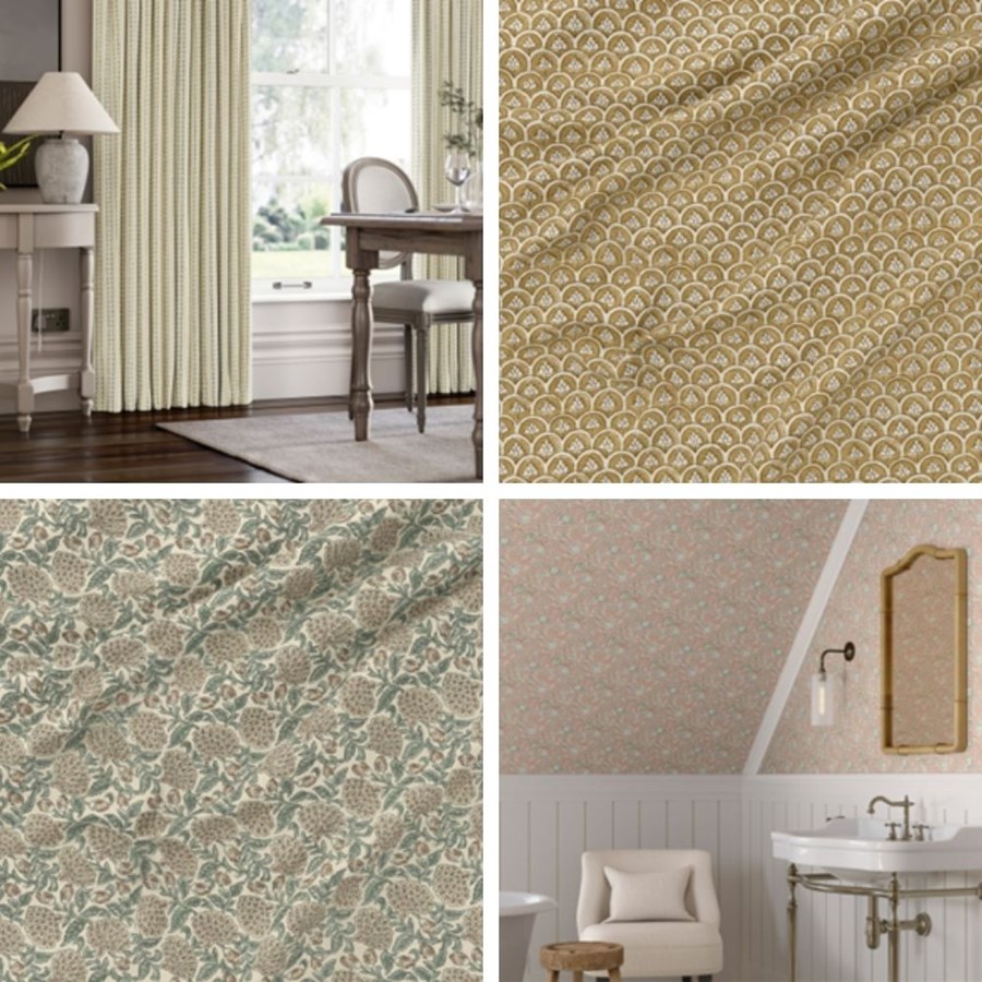 collage of interior images and close up fabrics